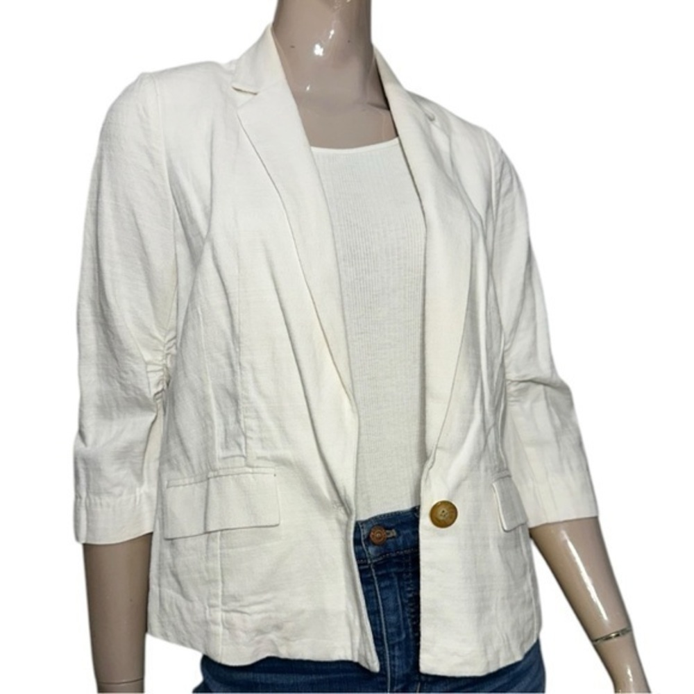 Elevenses Anthropologie Size 6 White Cotton Linen One Button Blazer Jacket